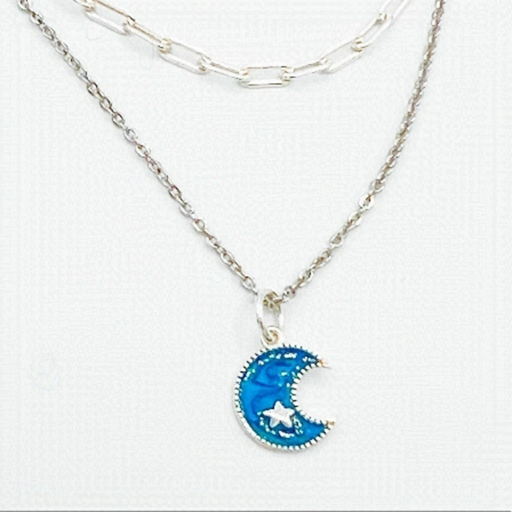 Layered 925 Necklaces With Turquoise Moon Charm.